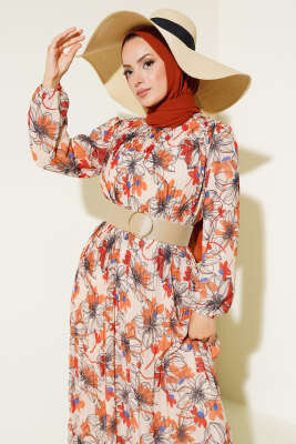 Kemerli Piliseli Şifon Elbise Bej - Tesettür Elbise