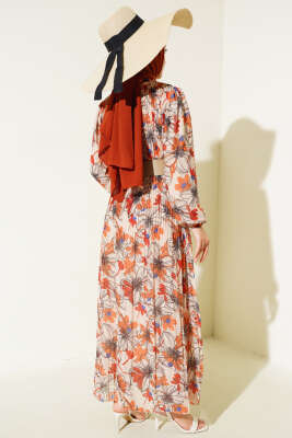 Kemerli Piliseli Şifon Elbise Bej - Tesettür Elbise