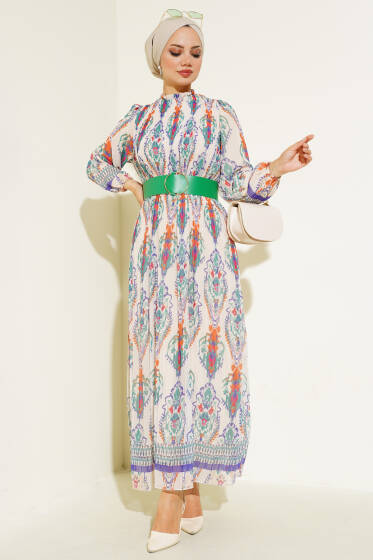 Kemerli Piliseli Şifon Elbise Bej Yeşil - Elbise