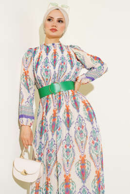 Kemerli Piliseli Şifon Elbise Bej Yeşil - Tesettür Elbise