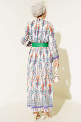 Kemerli Piliseli Şifon Elbise Bej Yeşil - Tesettür Elbise