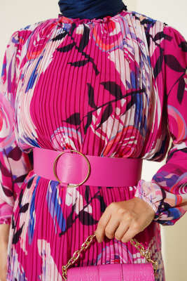 Kemerli Piliseli Şifon Elbise Fuşya - Tesettür Elbise