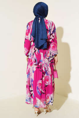 Kemerli Piliseli Şifon Elbise Fuşya - Tesettür Elbise