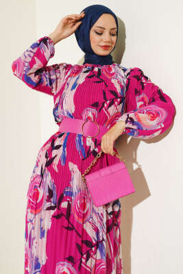 Kemerli Piliseli Şifon Elbise Fuşya - Tesettür Elbise