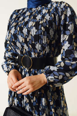 Kemerli Piliseli Şifon Elbise İndigo - Tesettür Elbise