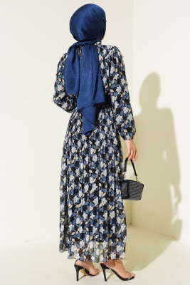 Kemerli Piliseli Şifon Elbise İndigo - Tesettür Elbise