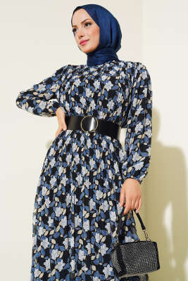 Kemerli Piliseli Şifon Elbise İndigo - Tesettür Elbise