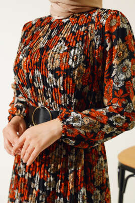 Kemerli Piliseli Şifon Elbise Kiremit - Tesettür Elbise