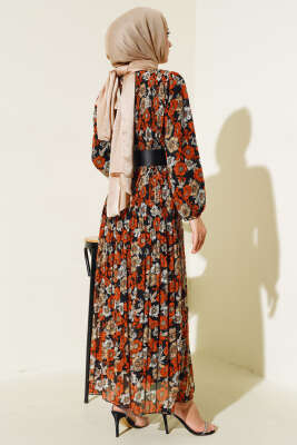 Kemerli Piliseli Şifon Elbise Kiremit - Tesettür Elbise