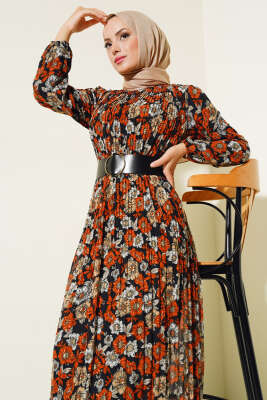 Kemerli Piliseli Şifon Elbise Kiremit - Tesettür Elbise