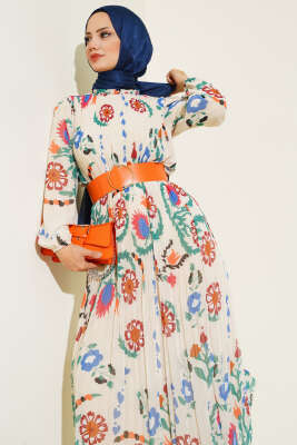 Kemerli Piliseli Şifon Elbise Krem - Tesettür Elbise