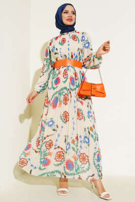 Kemerli Piliseli Şifon Elbise Krem - HEWES