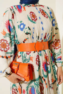 Kemerli Piliseli Şifon Elbise Krem - Tesettür Elbise