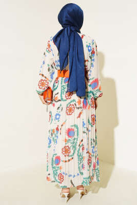 Kemerli Piliseli Şifon Elbise Krem - Tesettür Elbise