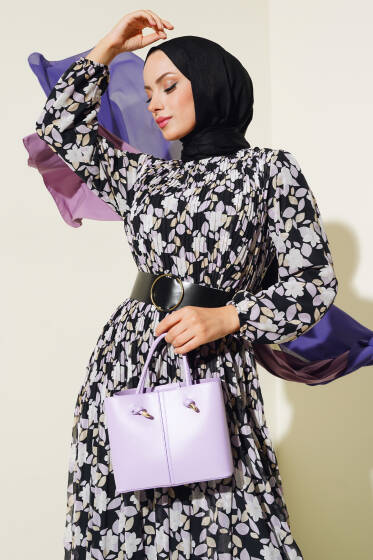 Kemerli Piliseli Şifon Elbise Lila - Elbise