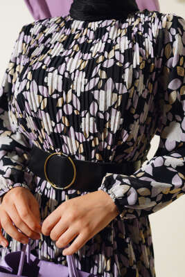 Kemerli Piliseli Şifon Elbise Lila - Tesettür Elbise