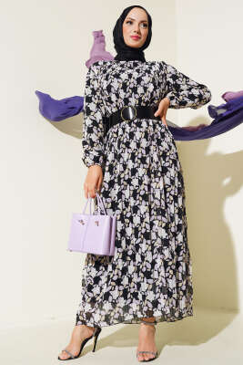 Kemerli Piliseli Şifon Elbise Lila - Tesettür Elbise