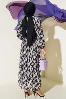 Kemerli Piliseli Şifon Elbise Lila - Tesettür Elbise