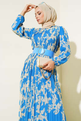Kemerli Piliseli Şifon Elbise Mavi - Tesettür Elbise