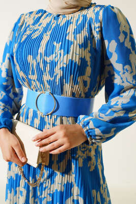 Kemerli Piliseli Şifon Elbise Mavi - Tesettür Elbise