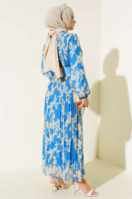 Kemerli Piliseli Şifon Elbise Mavi - Tesettür Elbise
