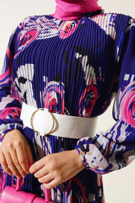 Kemerli Piliseli Şifon Elbise Mor - Tesettür Elbise