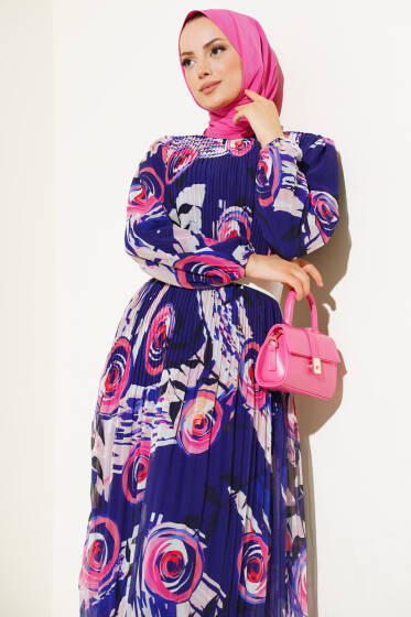 Kemerli Piliseli Şifon Elbise Mor - Tesettür Elbise