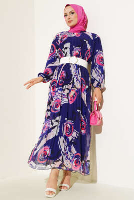 Kemerli Piliseli Şifon Elbise Mor - Tesettür Elbise