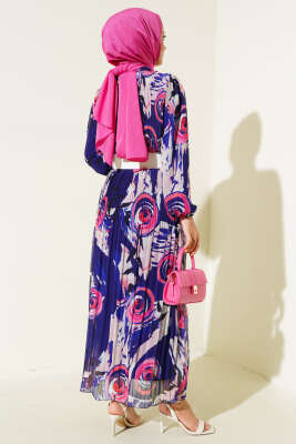 Kemerli Piliseli Şifon Elbise Mor - Tesettür Elbise