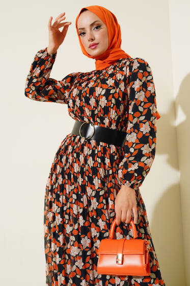 Kemerli Piliseli Şifon Elbise Oranj - Tesettür Elbise