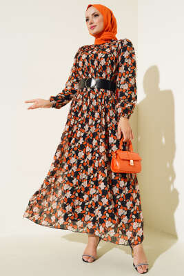 Kemerli Piliseli Şifon Elbise Oranj - Tesettür Elbise