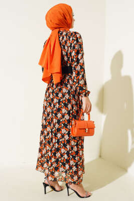 Kemerli Piliseli Şifon Elbise Oranj - Tesettür Elbise