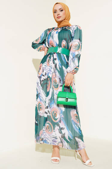 Kemerli Piliseli Şifon Elbise Orman Yeşili - Tesettür Elbise