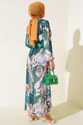 Kemerli Piliseli Şifon Elbise Orman Yeşili - Tesettür Elbise