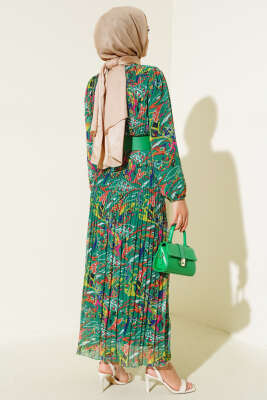 Kemerli Piliseli Şifon Elbise Pers Yeşili - Tesettür Elbise