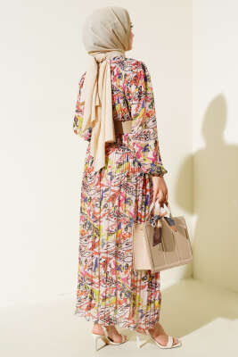 Kemerli Piliseli Şifon Elbise Pudra - Tesettür Elbise