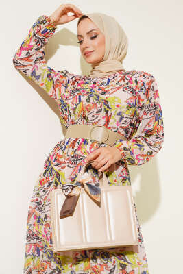 Kemerli Piliseli Şifon Elbise Pudra - Tesettür Elbise