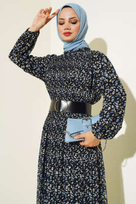 Kemerli Piliseli Şifon Elbise Siyah Mavi - Tesettür Elbise