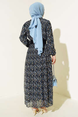 Kemerli Piliseli Şifon Elbise Siyah Mavi - Tesettür Elbise