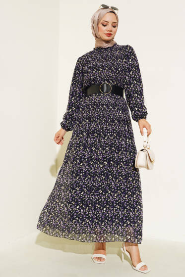 Kemerli Piliseli Şifon Elbise Siyah Mor - Elbise