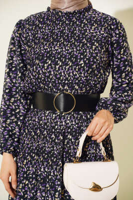 Kemerli Piliseli Şifon Elbise Siyah Mor - Tesettür Elbise