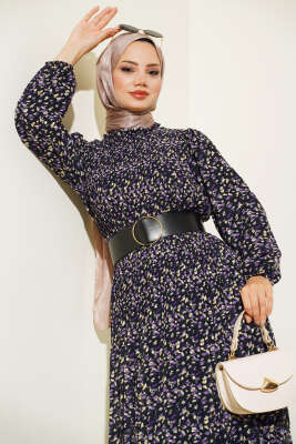 Kemerli Piliseli Şifon Elbise Siyah Mor - Tesettür Elbise