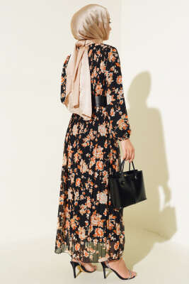 Kemerli Piliseli Şifon Elbise Siyah - Tesettür Elbise