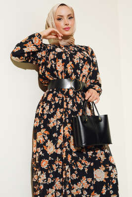 Kemerli Piliseli Şifon Elbise Siyah - Tesettür Elbise