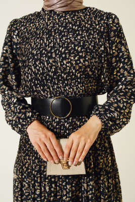 Kemerli Piliseli Şifon Elbise Siyah Vizon - Tesettür Elbise