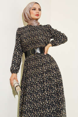 Kemerli Piliseli Şifon Elbise Siyah Vizon - Tesettür Elbise