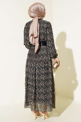 Kemerli Piliseli Şifon Elbise Siyah Vizon - Tesettür Elbise