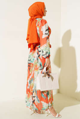 Kemerli Piliseli Şifon Elbise Turuncu - Tesettür Elbise