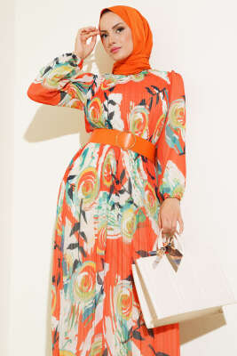 Kemerli Piliseli Şifon Elbise Turuncu - Tesettür Elbise