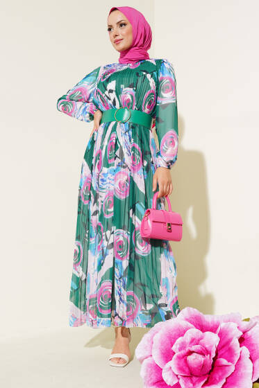 Kemerli Piliseli Şifon Elbise Yeşil - Tesettür Elbise